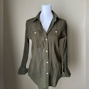 Olive green sheer pockets button down shirt top
